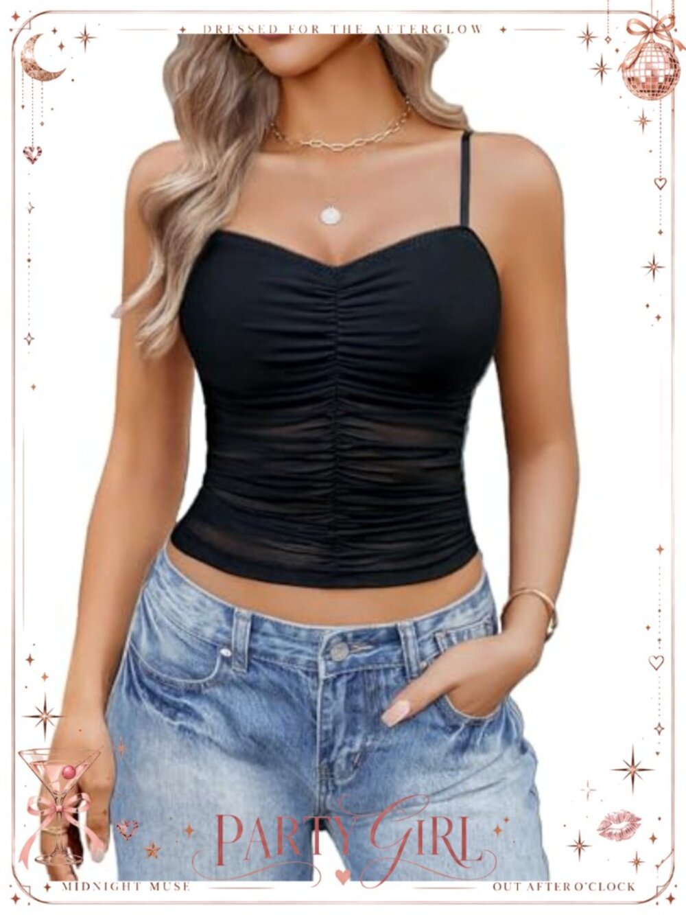Mesh Ruched Sleeveless Crop Cami Top Adjustable Spaghetti Strap Y2K